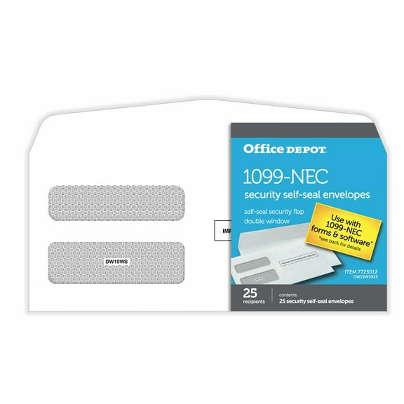 Office Depot Brand Double-Window Self-Seal Envelopes For 1099-NEC 3-Up Tax Forms, 8-3/8"W x 3-7/8"H, Pack Of 25 Envelopes