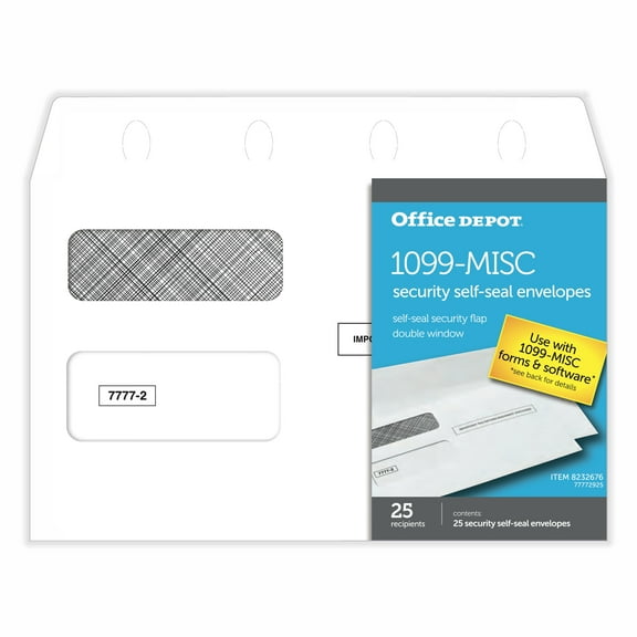 Office Depot Brand Double-Window Self-Seal Envelopes For Form 1099, 5 5/8" x 9", White, Pack Of 25 Envelopes