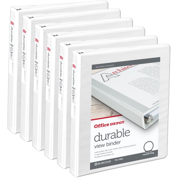 Office Depot Brand Durable Round-Ring View Binders, 1" Rings, White, Pack Of 6 Binders
