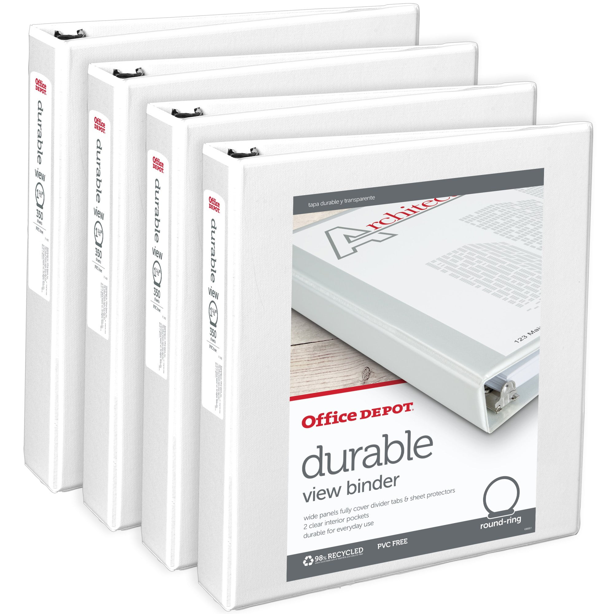 Office Depot Brand Durable View 3-Ring Binder, 1 1/2" Round Rings, White, Pack Of 4