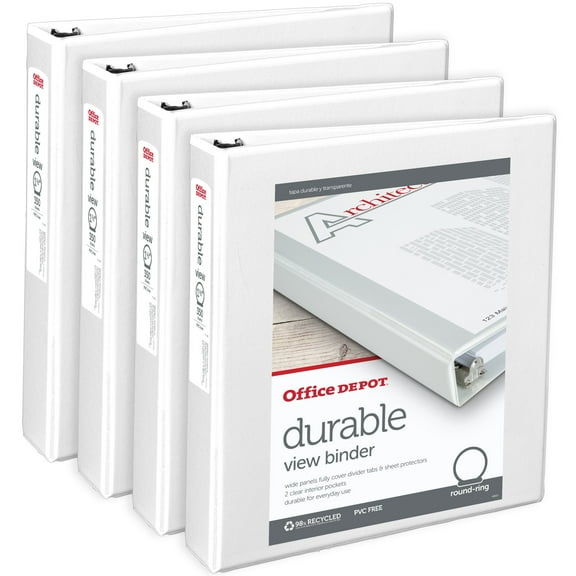 Office Depot Brand Durable View 3-Ring Binder, 1 1/2" Round Rings, White, Pack Of 4
