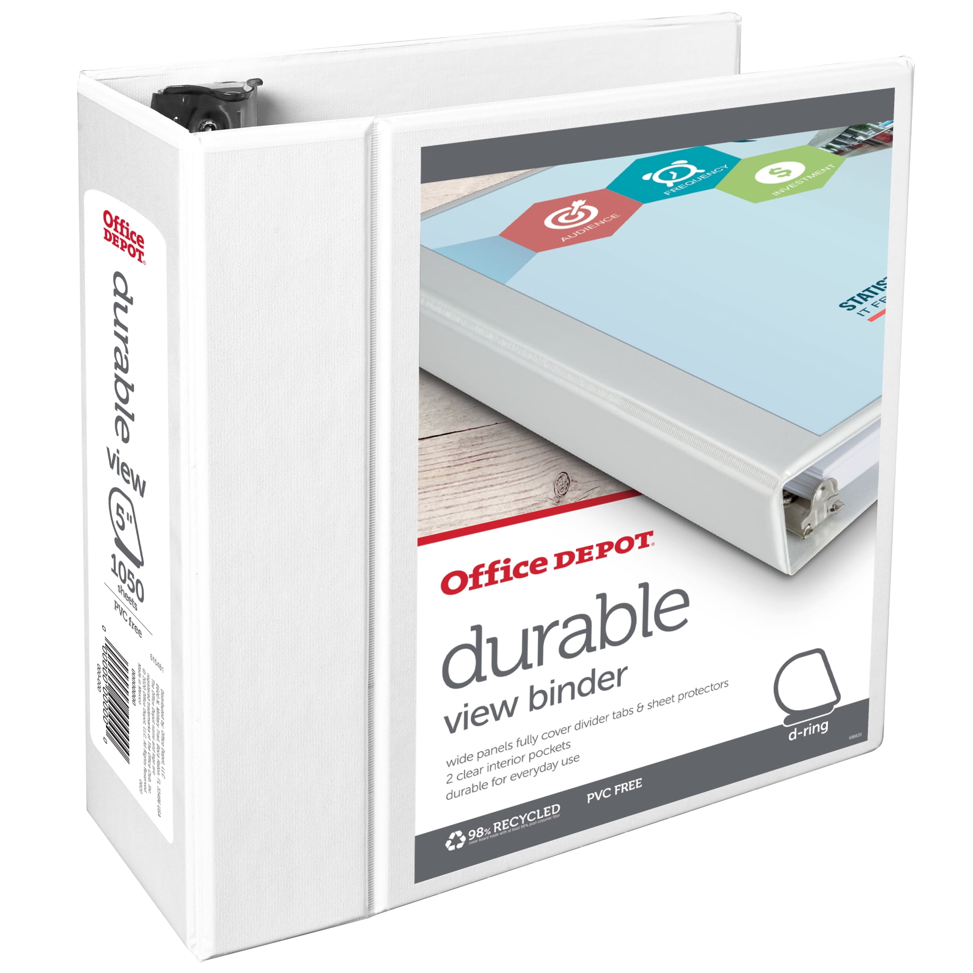 OFFICEMAX Office Depot Brand Durable View D-Ring Binder, 5" Rings, 39% Recycled, White