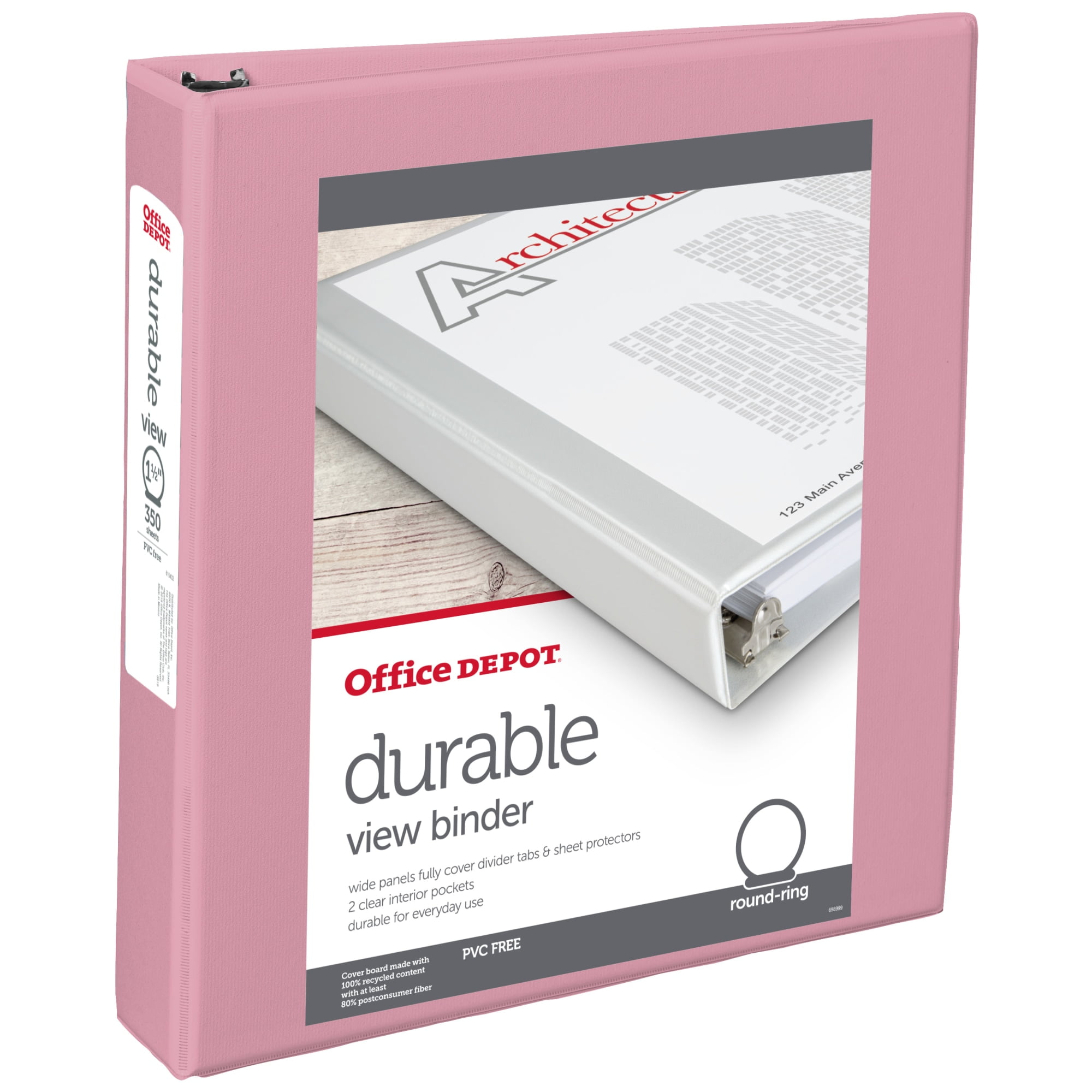 Office Depot® Brand Durable View Round-Ring Binders, 1-1/2 Round Rings,  49% Recycled, Pink