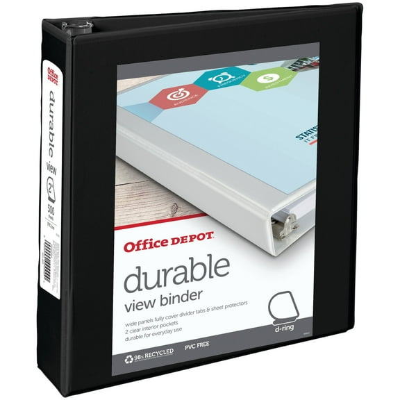 Office Depot Brand Durable View Slant-Ring Binder, 2" Rings, 39% Recycled, Black