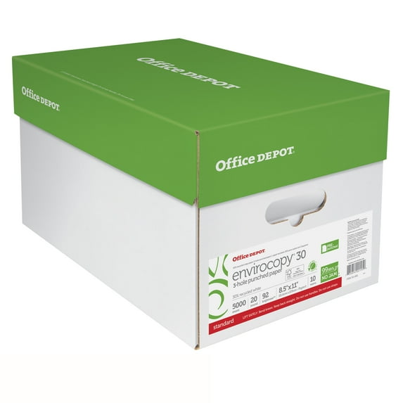 Office Depot® Brand EnviroCopy® FSC Certified Paper, 30 Paper, 3-Hole Punched, Letter Size Paper, 20 Lb, 30% Recycled, FSC Certified, 500 Sheets Per Ream, Case Of 10 Reams