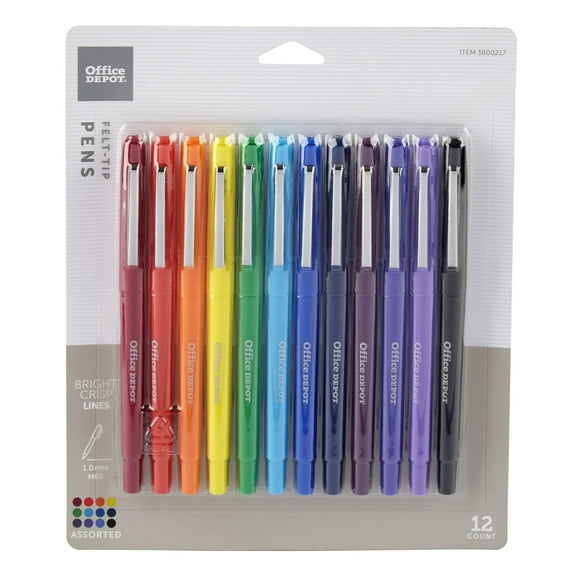 Office Depot® Brand Felt-Tip Porous Pens, Medium Point, 1.0 mm, Assorted Barrel Colors, Assorted Ink Colors, Pack Of 12 Pens