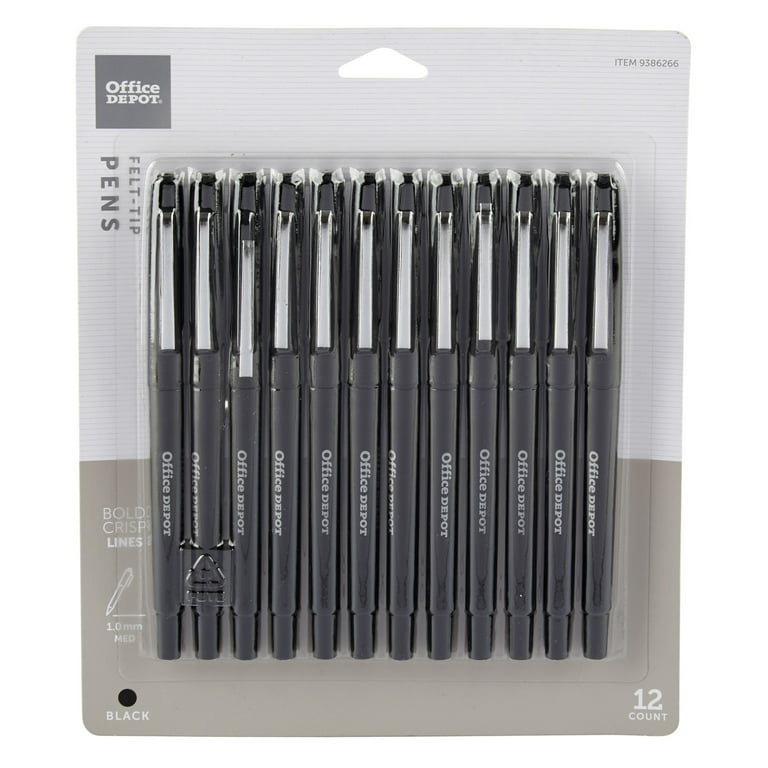 Office Depot® Brand Felt-Tip Porous Pens, Medium Point, 1.0 mm, Black  Barrels, Black Ink, Pack Of 12 Pens