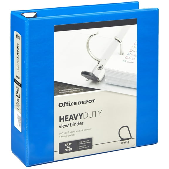 Office Depot Brand Heavy-Duty Easy Open D-Ring View Binder, 4" Rings, 54% Recycled, Blue