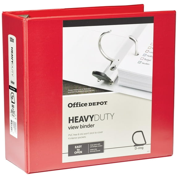 Office Depot Brand Heavy-Duty Easy Open D-Ring View Binder, 4" Rings, 54% Recycled, Red