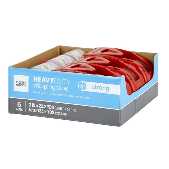 Office Depot Brand Heavy Duty Shipping Packing Tape With Dispenser, 2" x 22.2 Yd, Crystal Clear, Pack Of 6 Rolls