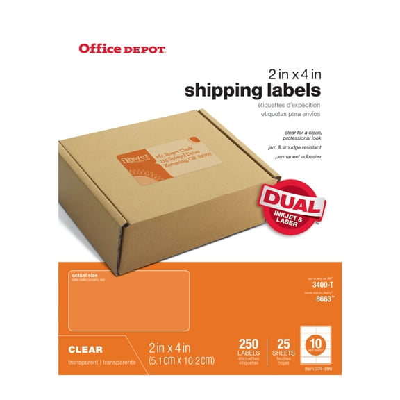 Office Depot Brand Inkjet/Laser Address Labels, Rectangle, 2" x 4", Clear, Pack Of 250