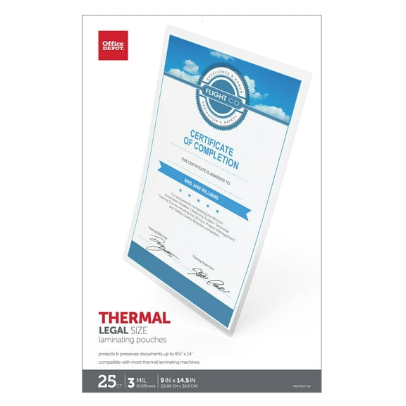 Office Depot Brand Laminating Pouches, Legal Size, 3 Mil, 9" x 14.5", Pack Of 25