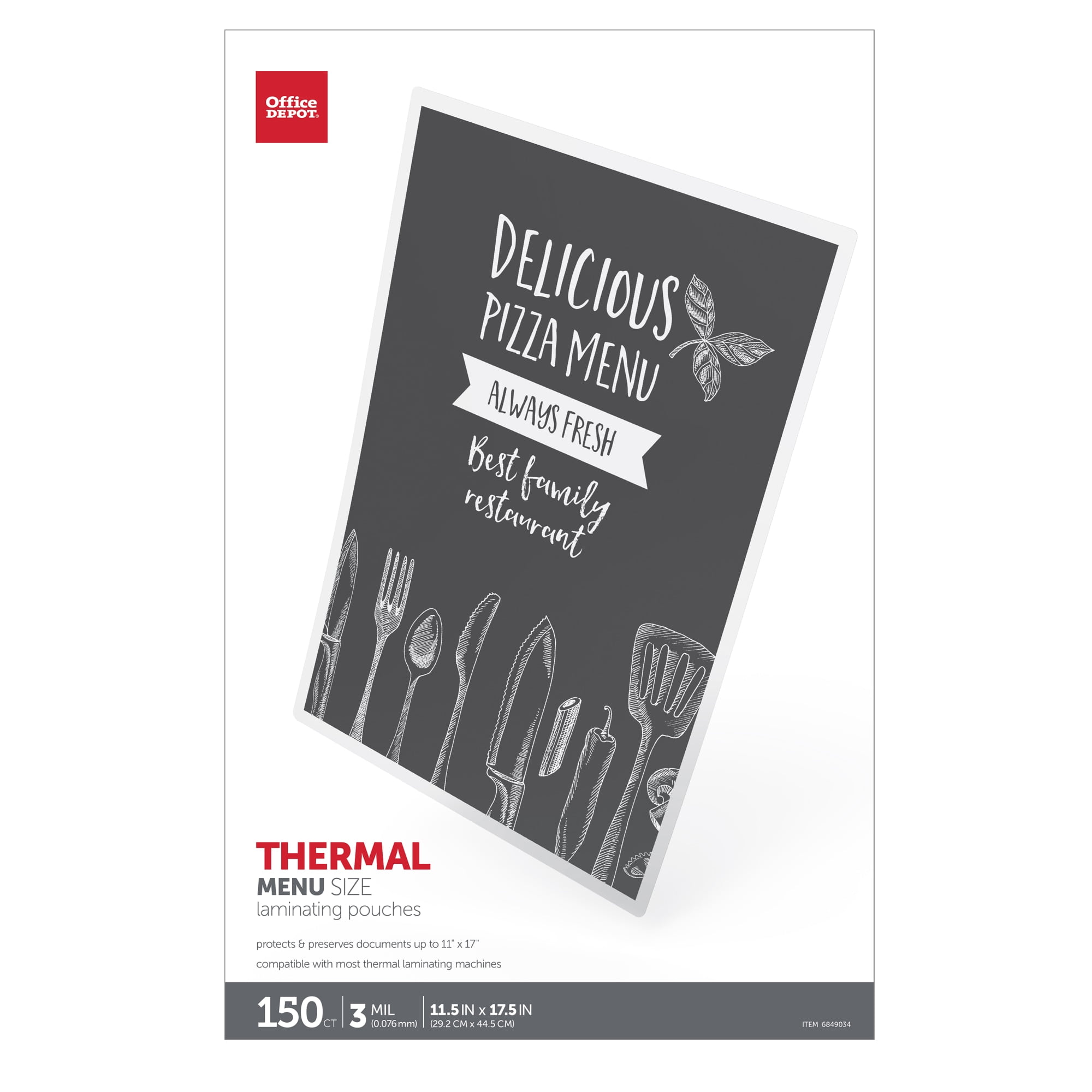 Office Depot Brand Laminating Pouches, Menu Size, 3 mil, 11-1/2" x 17-1/2", Pack Of 150 Pouches