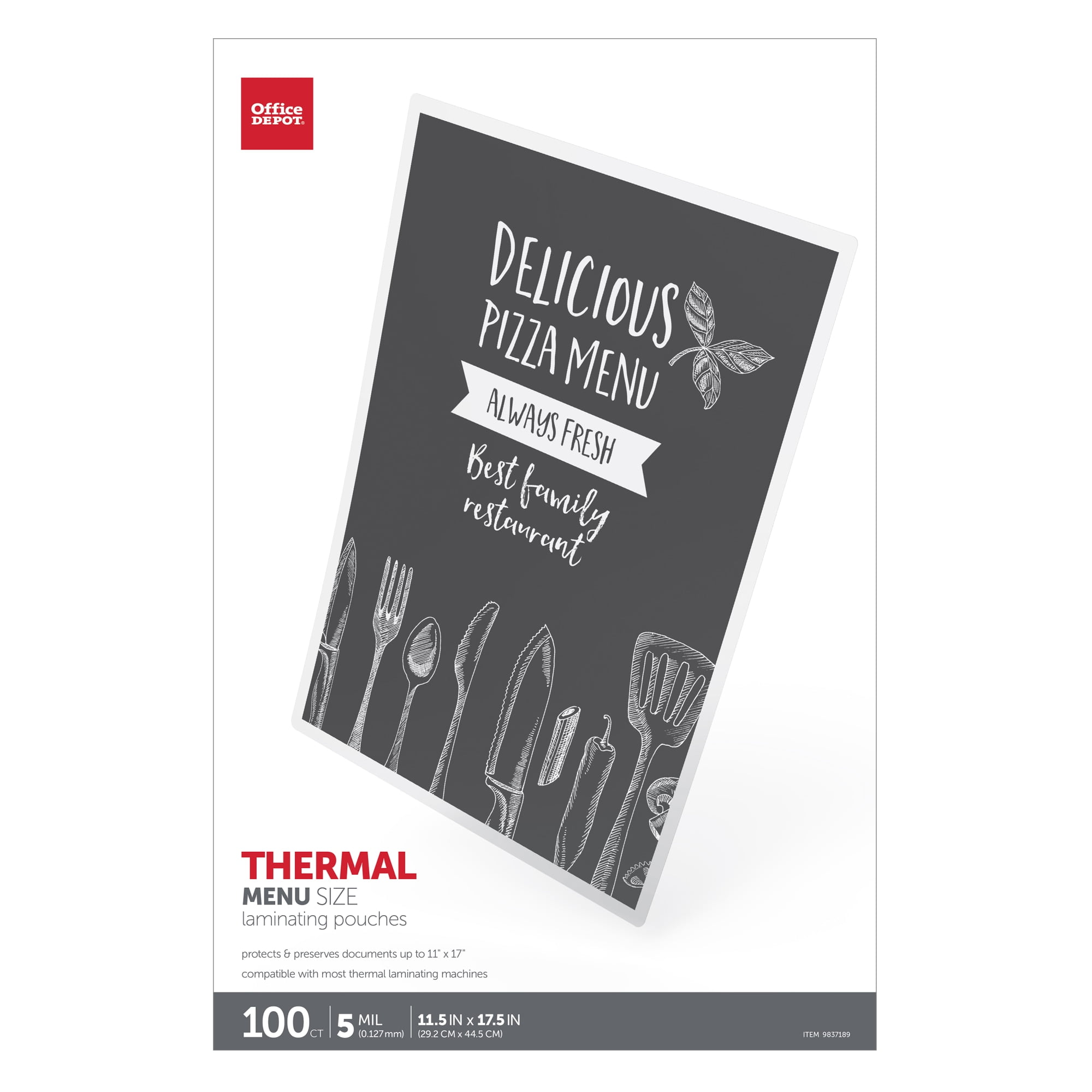 Office Depot Brand Laminating Pouches, Menu Size, 5 mil, 11-1/2" x 17-1/2", Pack Of 100 Pouches