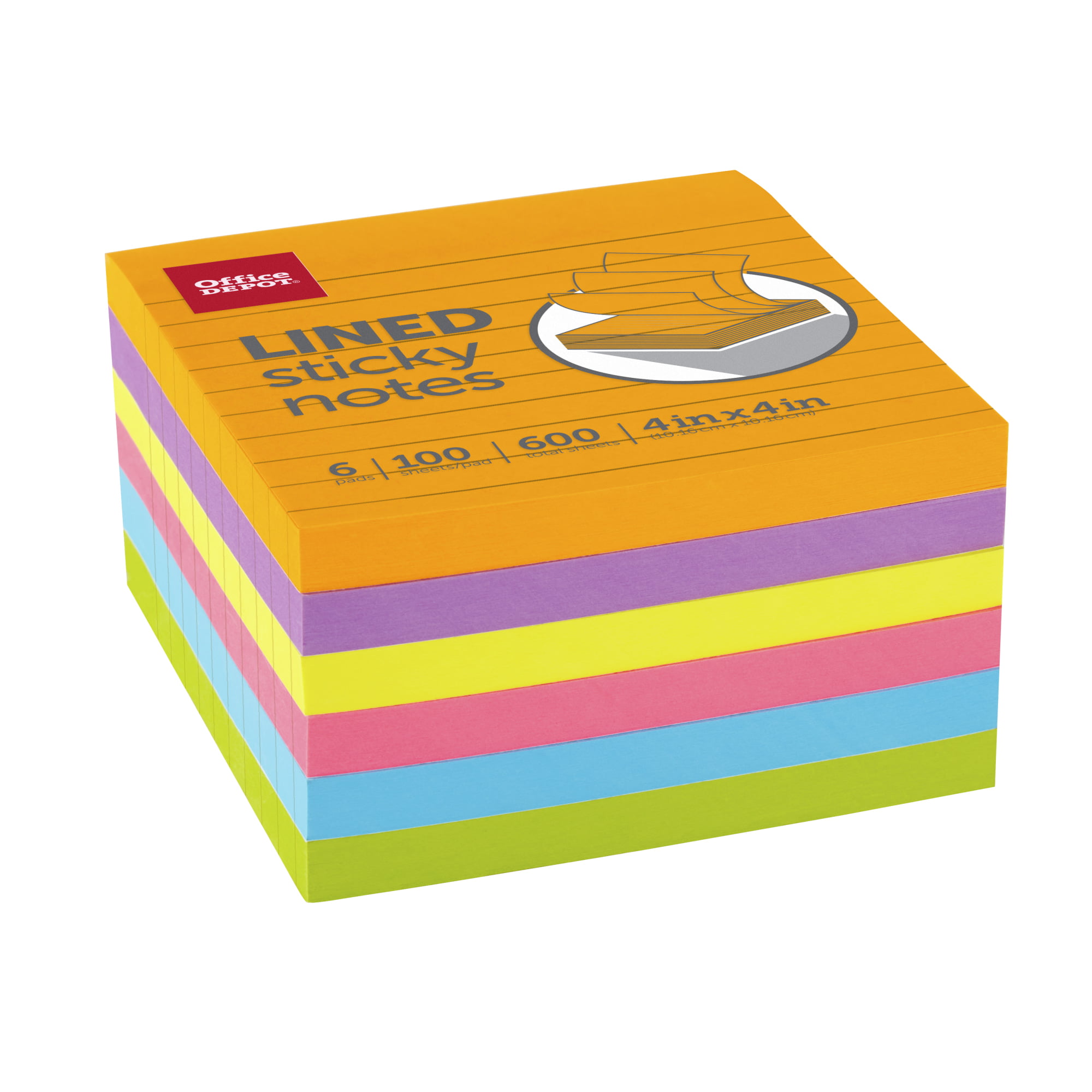 titel velsignelse kvalitet Office Depot® Brand Lined Sticky Notes, 4" x 4", Assorted Vivid Colors, 100  Sheets Per Pad, Pack Of 6 Pads - Walmart.com