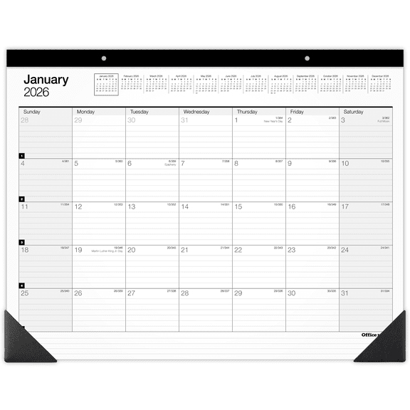Office Depot Brand Monthly Desk Pad Calendar, 21 3/4" x 17", White/Black, January 2026 to December 2026, SP24D0026
