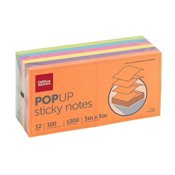 Office Depot Brand Pop-Up Notes, 3" x 3", Assorted Deep Colors, 100 Sheets Per Pad, Pack Of 12