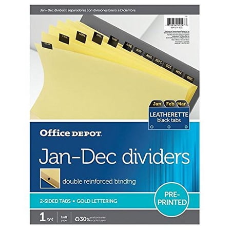 Office Depot Brand Preprinted Tab Dividers, Monthly, Gold Lettering on Leatherette Black Tabs