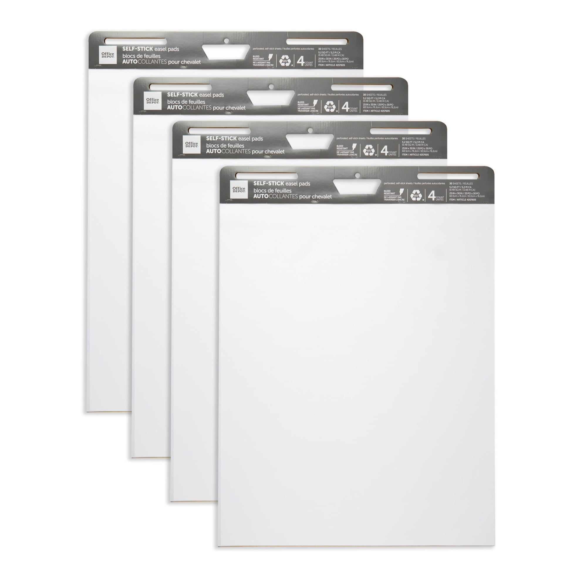 Office Depot Brand Self-Stick Easel Pads, 25" x 30", 30 Sheets, 80% Recycled, White, Pack Of 4 Pads