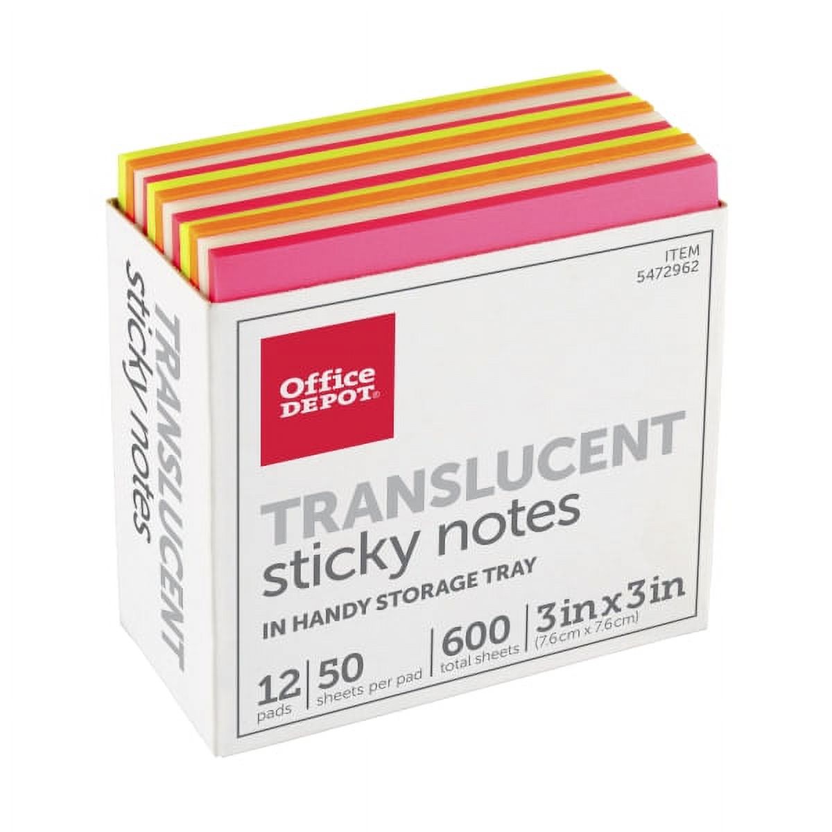 Office Depot Brand Translucent Sticky Notes, 3" x 3", Assorted Colors, 50 Notes Per Pad, Pack of