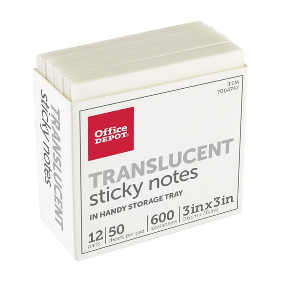 Office Depot Brand Translucent Sticky Notes, With Storage Tray, 3" x 3", Clear, 50 Notes Per Pad, Pack Of 12 Pads