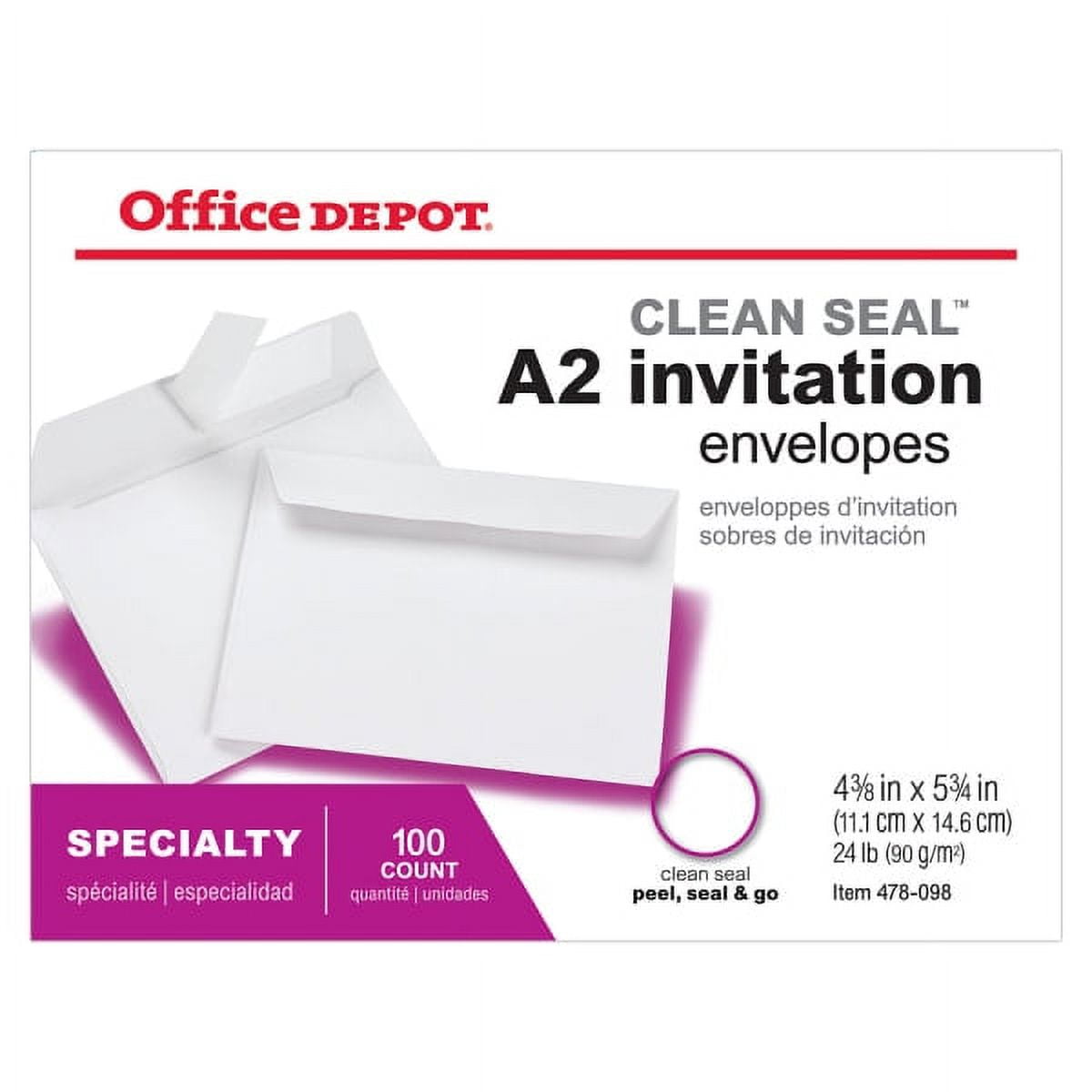 Office Depot Clean Seal(TM) Invitation Envelopes, 4 3/8in. x 5 3/4in.,  White, Box Of 100, 77598, image size:1200x1200