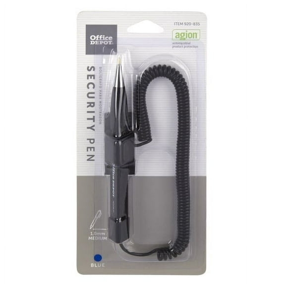 Office Depot Coil Security Pen, Scabbard Style, Medium Point, 1.0 mm, Black Barrel, Blue Ink