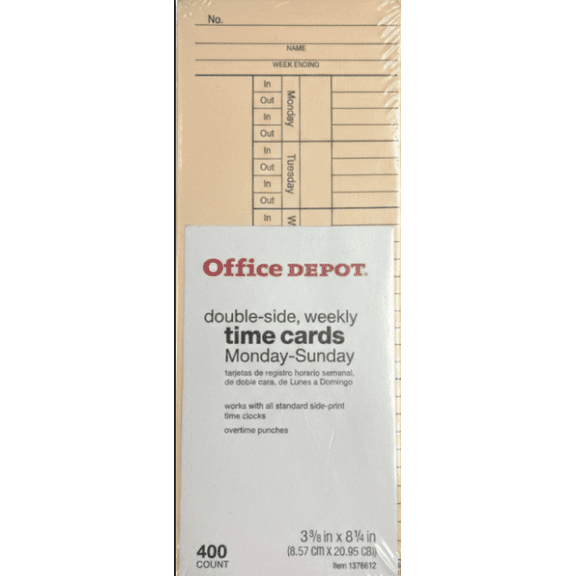 Office Depot Double-Sided Weekly Time Cards, MondaySunday, 400 Count