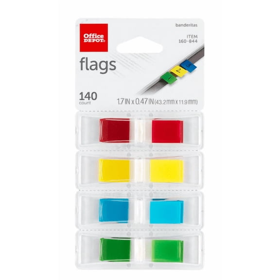 Office Depot Brand Self-Stick Flags, 1/2" x 1 7/10", Assorted Colors, 35 Flags Per Pad, Pack Of 4 Pads