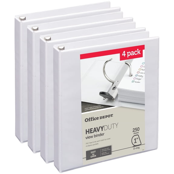 Office Depot Heavy-Duty View 3-Ring Binder, 1" D-Rings, 49% Recycled, White, Pack Of 4