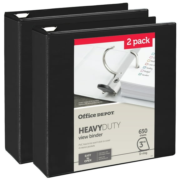 Office Depot Heavy-Duty View 3-Ring Binder, 3" D-Rings, Black, 49% Recycled, Pack Of 2