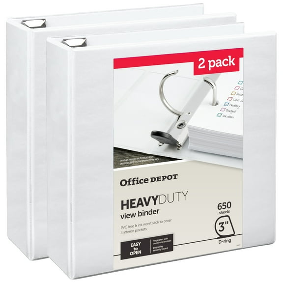 Office Depot Heavy-Duty View 3-Ring Binder, 3" D-Rings, White, 49% Recycled, Pack Of 2