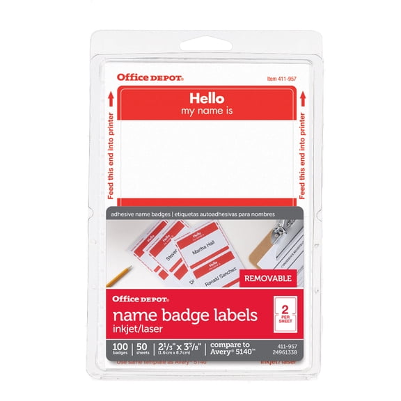 Office Depot Hello Name Badge Labels, 2 11/32in. x 3 3/8in., Red Border, Pack Of 100, OD98840