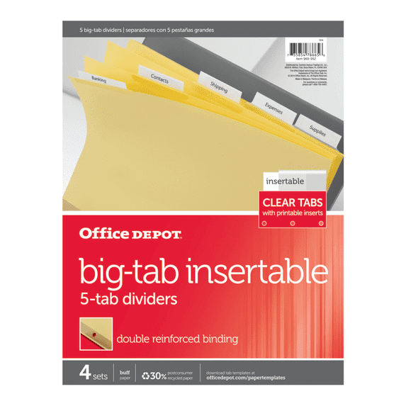 Office Depot Insertable Dividers With Big Tabs, Buff, Clear Tabs, 5-Tab, Pack Of 4 Sets, 14775