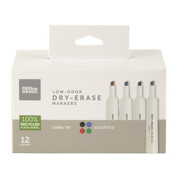 Office Depot Low-Odor Dry-Erase Markers, Chisel Point, Assorted, Pack Of 12, BY1066-MX