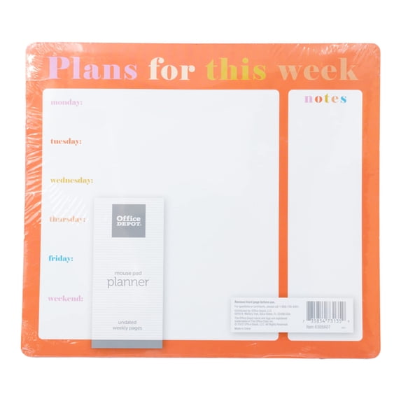 Office Depot Mouse Pad Weekly Desk Calendar, 9" x 8", Plans for This Week, Prioritize Yourself, Undated Weekly Notepad with Days