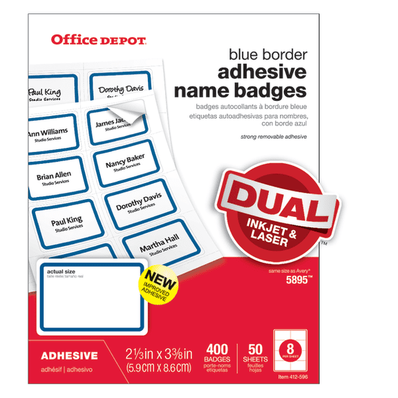 Office Depot Name Badge Labels, 2 1/3in. x 3 3/8in., Blue Border, Pack Of 400, OD98847
