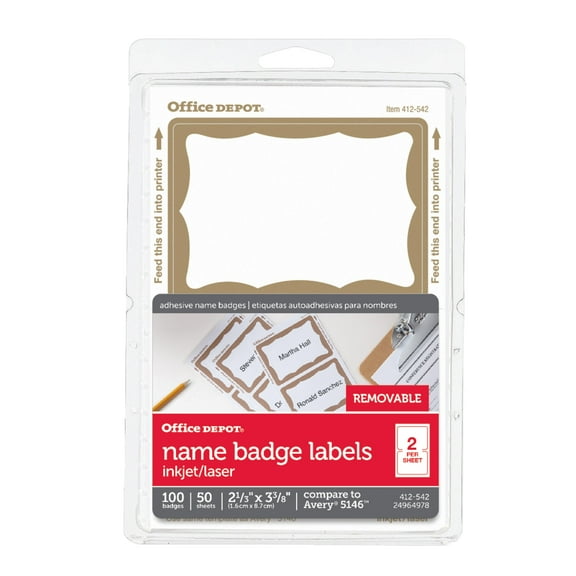 Office Depot Name Badge Labels, 2 11/32in. x 3 3/8in., Gold Border, Pack Of 100, OD98839