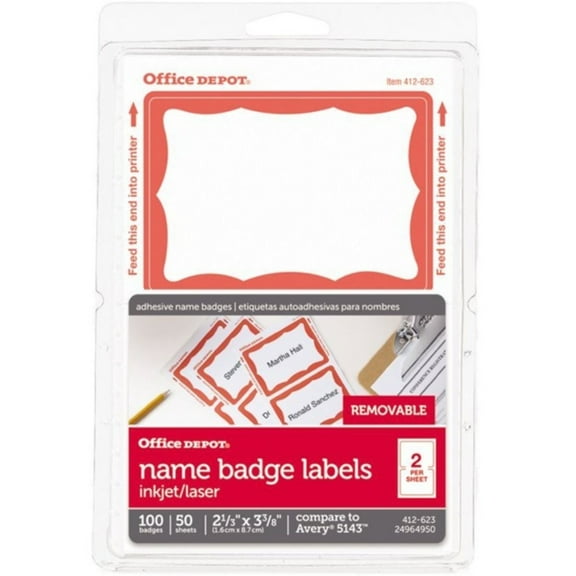 Office Depot Name Badge Labels, 2 11/32in. x 3 3/8in., Red Border, Pack Of 100, OD98837