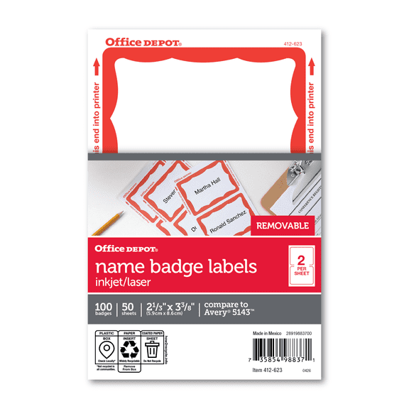 Office Depot Name Badge Labels, 2 11/32in. x 3 3/8in., Red Border, Pack Of 100, OD98837
