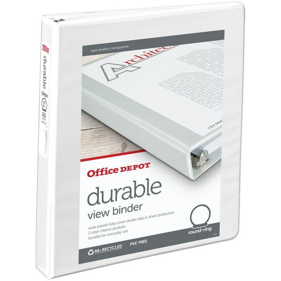 Office Depot Nonstick Round-Ring View Binder, 1in. Rings, 100% Recycled, White, OD02960