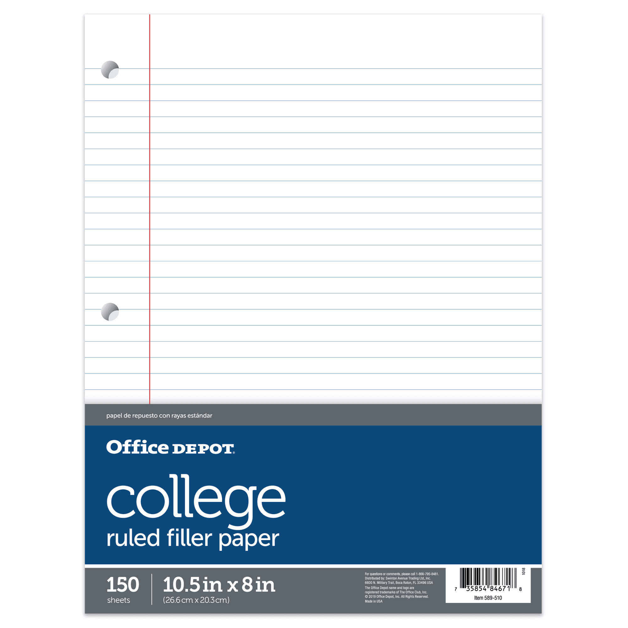 Office Depot CollegeRuled Lined Filler Paper, 8x10.5in, 3Hole Punched