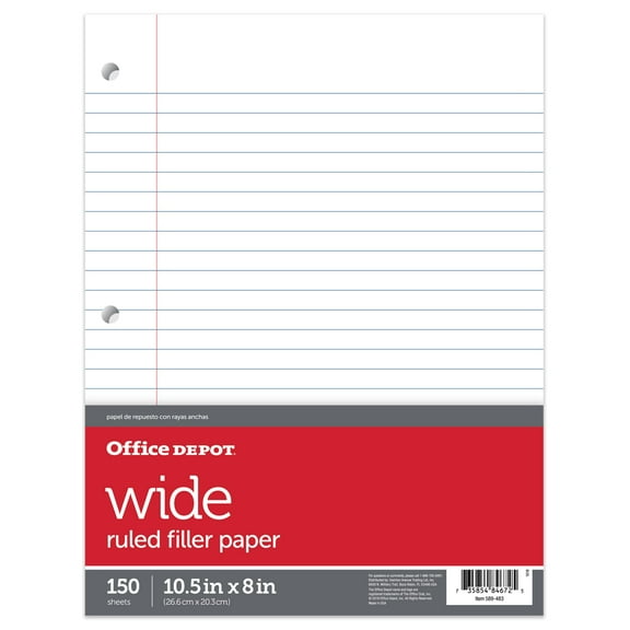 Office Depot Notebook Filler Paper, Wide-Ruled, 8in. x 10 1/2in., 3-Hole Punched, White, Pack Of 150 Sheets, 09250OD