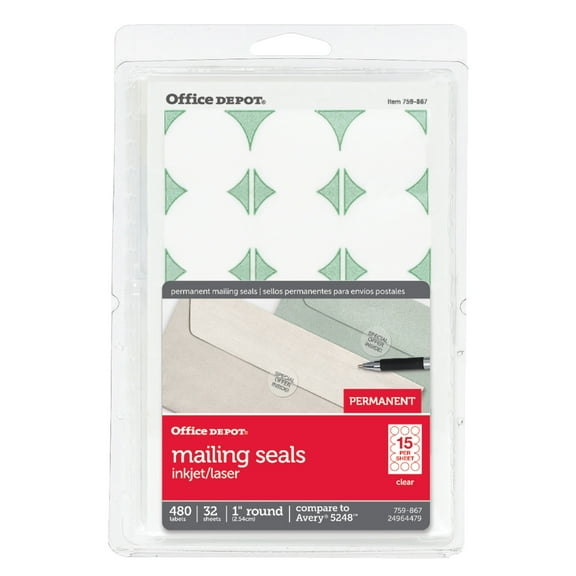 Office Depot Permanent Mailing Seals, 1in. Diameter, Clear, Pack Of 480, OD98795