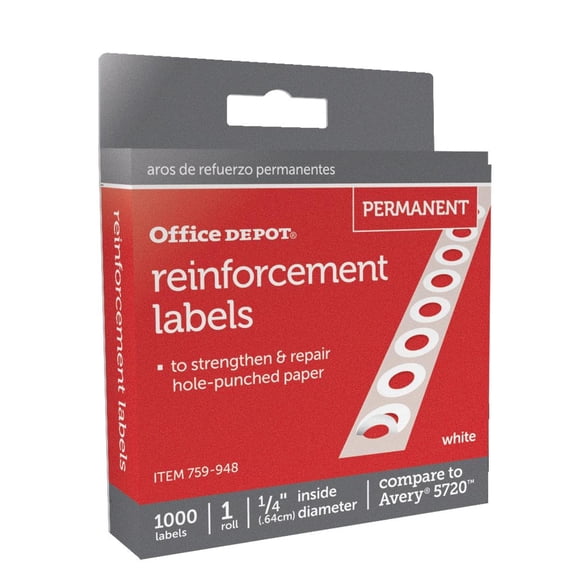 Office Depot Permanent Self-Adhesive Reinforcement Labels, 1/4in. Diameter, White, Pack Of 1,000, 3585401843