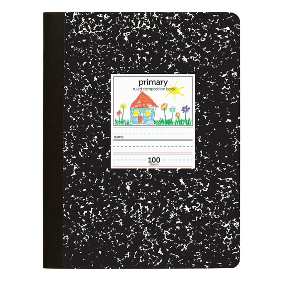 Office Depot Primary Marble Composition Book, 7 1/2in x 9 3/4in, Primary Ruled, 100 Sheets, Black/White, 400-003-273