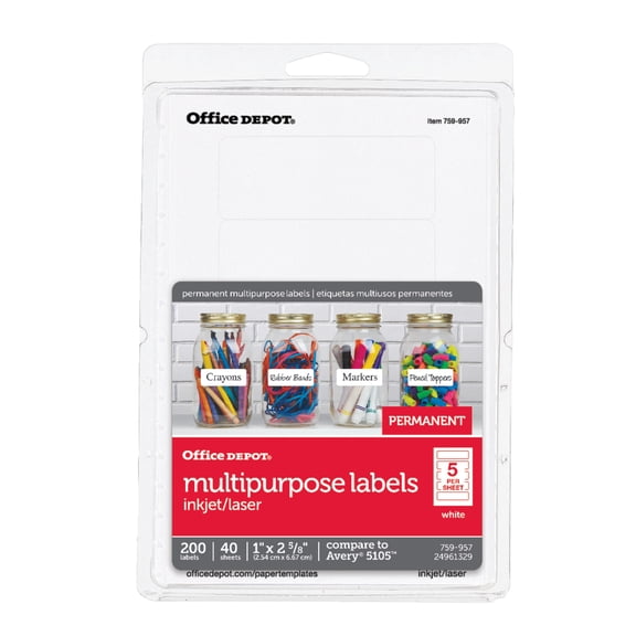 Office Depot Print-Or-Write Permanent Inkjet/Laser Rectangular Labels, 1in. x 2 5/8in., White, Pack Of 200, OD98798