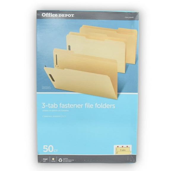 Office Depot Reinforced Manila File Folder with 2 Embossed Fasteners, 1/3-Cut Tabs & Legal Size - Box of 50 for File Filing Cabinet, Perfect for Letter Size & Legal Documents