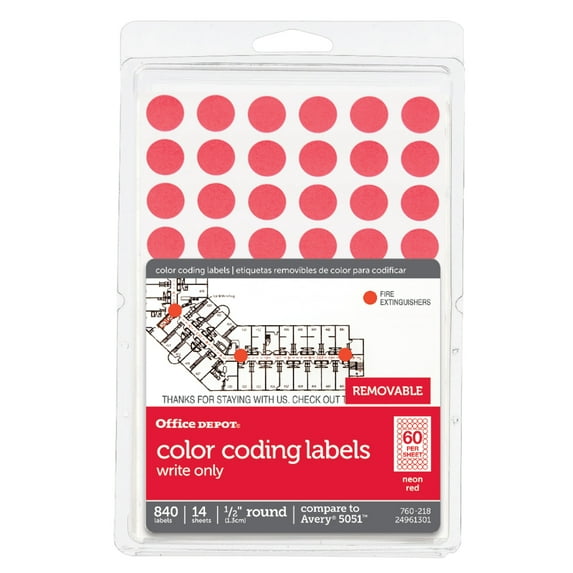 Office Depot Removable Round Color-Coding Labels, 1/2in. Diameter, Red ...