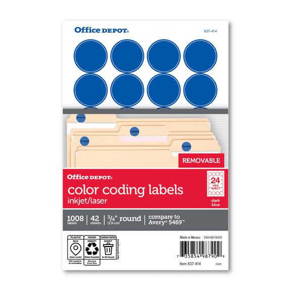 Office Depot Removable Round Color-Coding Labels, 3/4in. Diameter, Dark Blue, Pack Of 1,008, OD98790